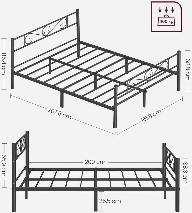 Tweepersoons metalen ledikant Bedframe voor matrassen 200x160 cm Eenvoudig te monteren en geschikt voor kleine kamers