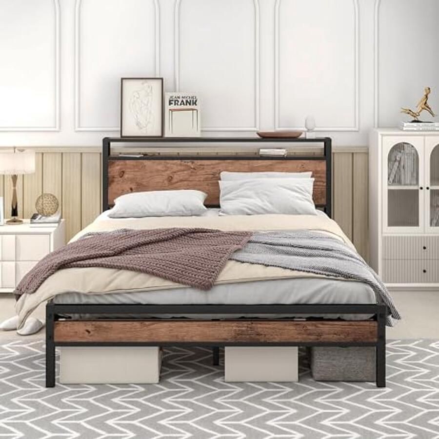 Tweepersoonsbed 120 x 200 cm met opbergruimte en metalen lattenbodem Functioneel bedframe voor kinderen en volwassen