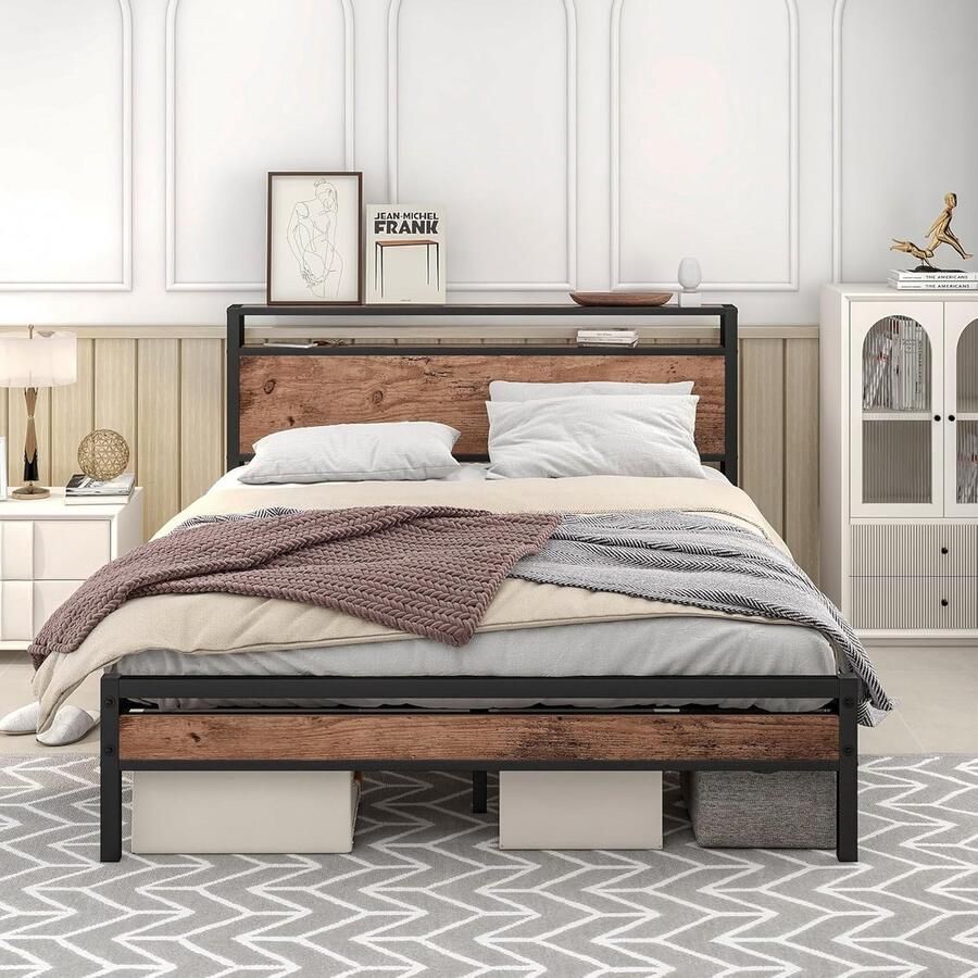 Tweepersoonsbed 120 x 200 cm met opbergruimte en metalen lattenbodem Functioneel bedframe voor kinderen en volwassen - Foto 1