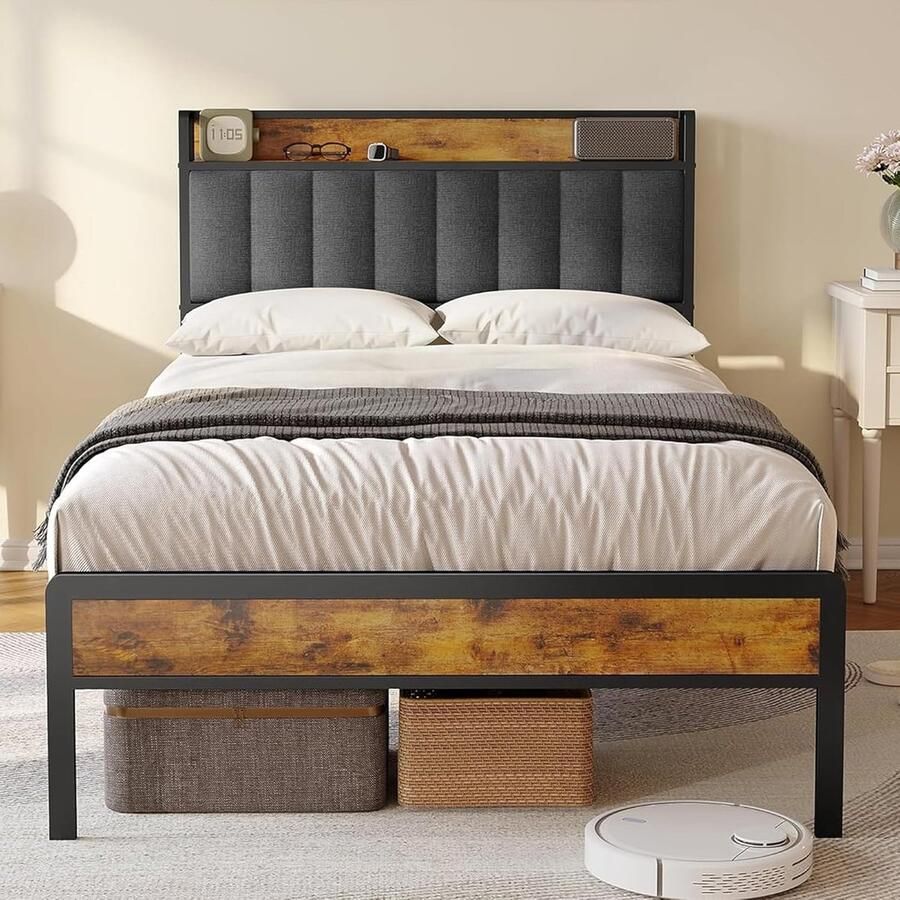 Tweepersoonsbed 120x200 cm – Houten Bedframe met Metalen Frame Gestoffeerd Hoofdeinde Sterke Lattenbodem Donkergrijs