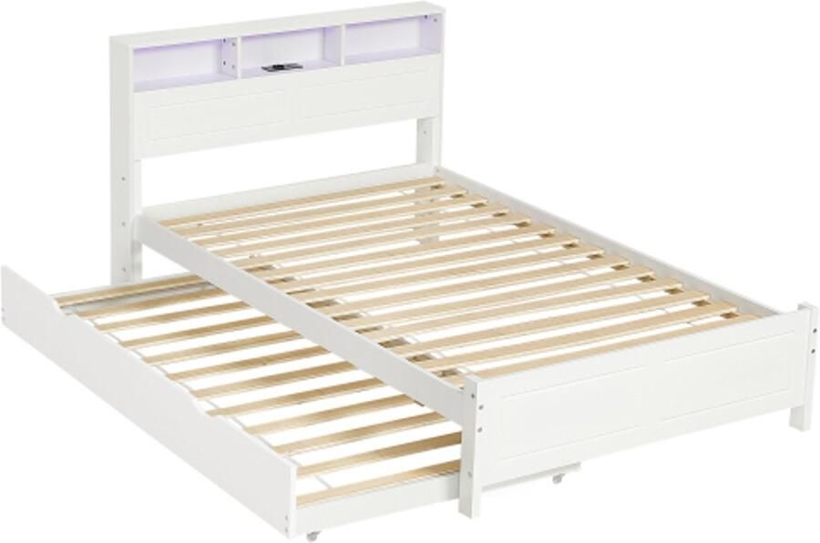 Learnlogic Tweepersoonsbed vlak bed familiebed met splitsfunctie met sfeerverlichting ingebouwde oplaadaansluiting met uitschuifbaar bed hoofdeinde met opbergruimte grenen frame grenen + MDF wit 120x200&90*190cm - Foto 2