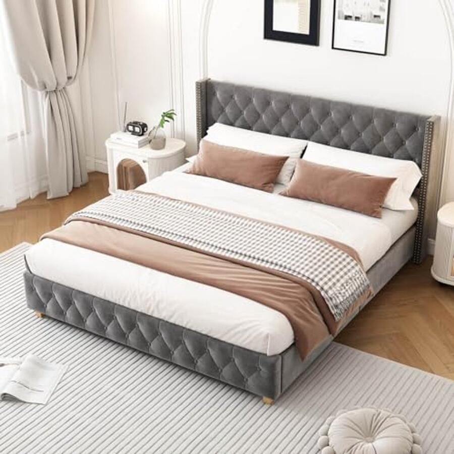 Tweepersoonsbed 140 x 190 cm met lattenbodem en gevoerde kop
