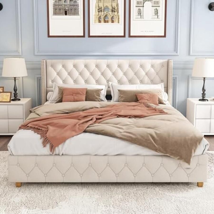 Tweepersoonsbed 140 x 190 cm Minimalistisch Design met Gevoerde Kop en Lattenbodem Beige Voor Kinderen Jongeren en Volwassenen