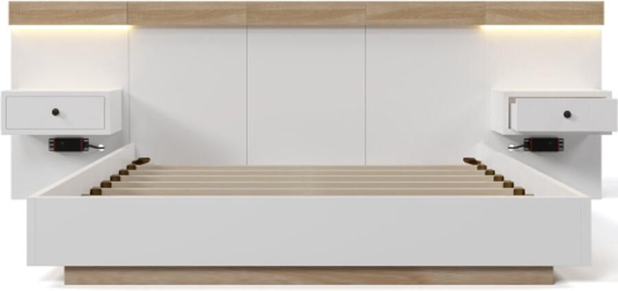 Gotagee Tweepersoonsbed 180×200 cm Met 2 Nachtkastjes En Met USB Type C Stopcontact Eiken Wit Zonder Matras