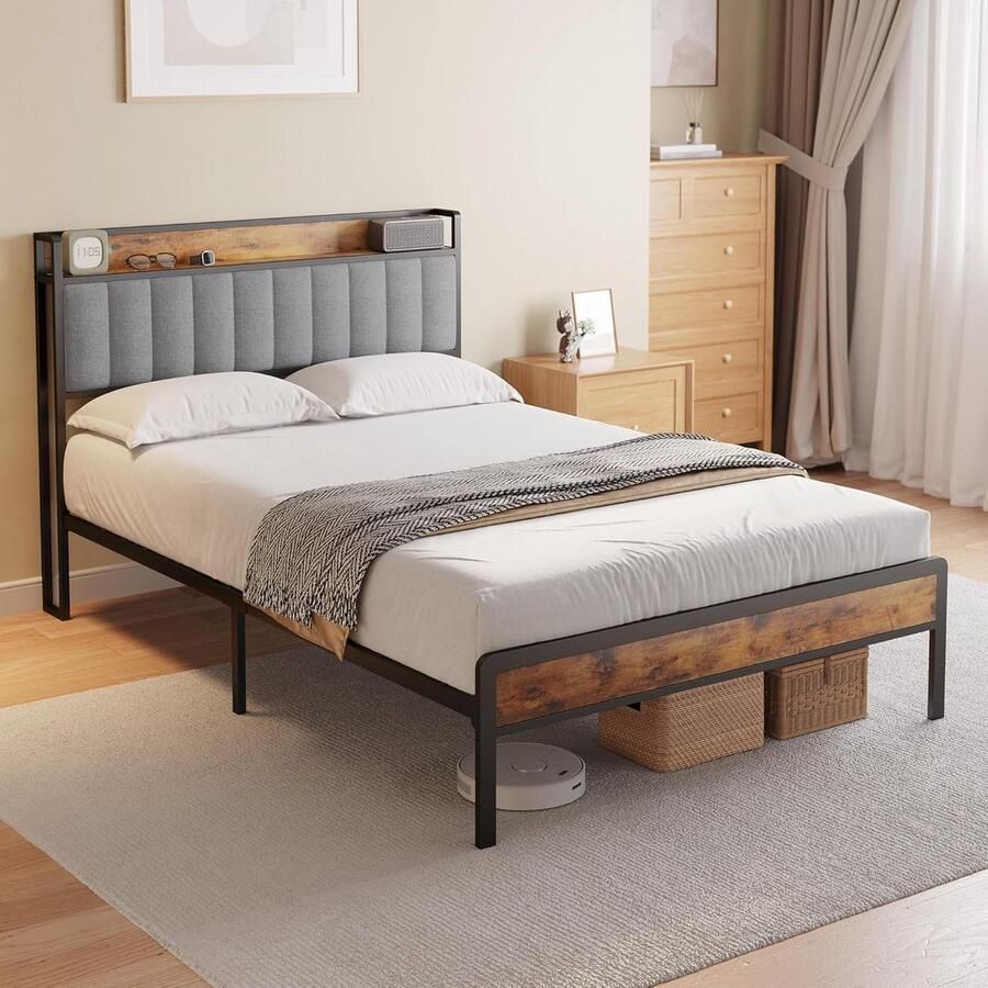 Tweepersoonsbed 140x200 cm – Houten Bedframe met Metalen Frame Gestoffeerd Hoofdeinde en Sterke Lattenbodem Grijs