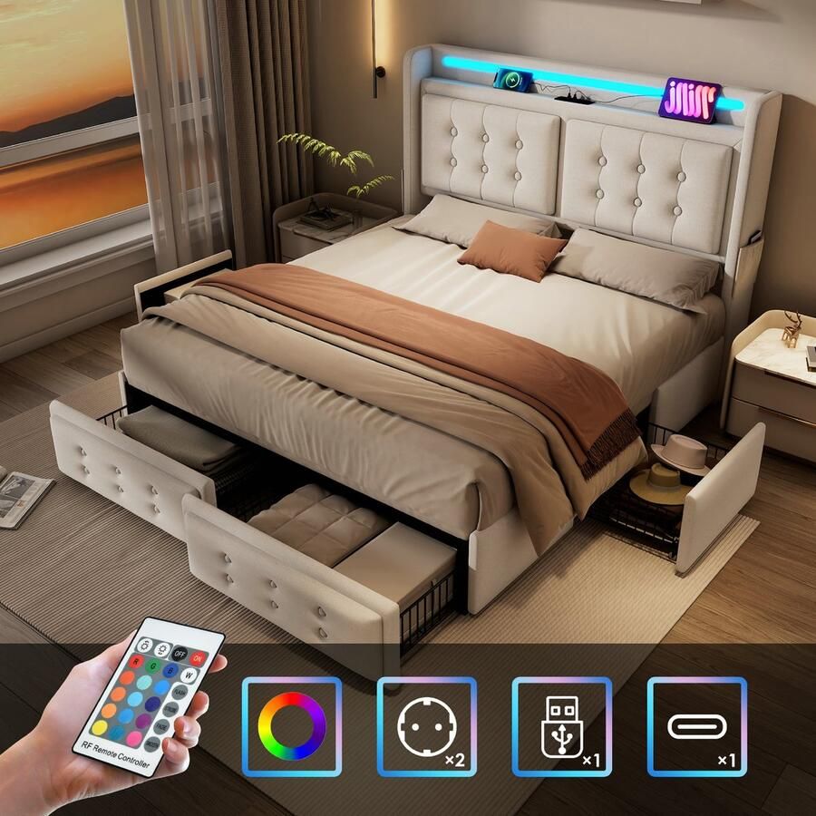 Bed 160x200 cm tweepersoonsbed met led-hoofdbord en USB-C-oplaadfunctie en 4 lades opbergbedden met beige linnen(Matras niet inbegrepen)