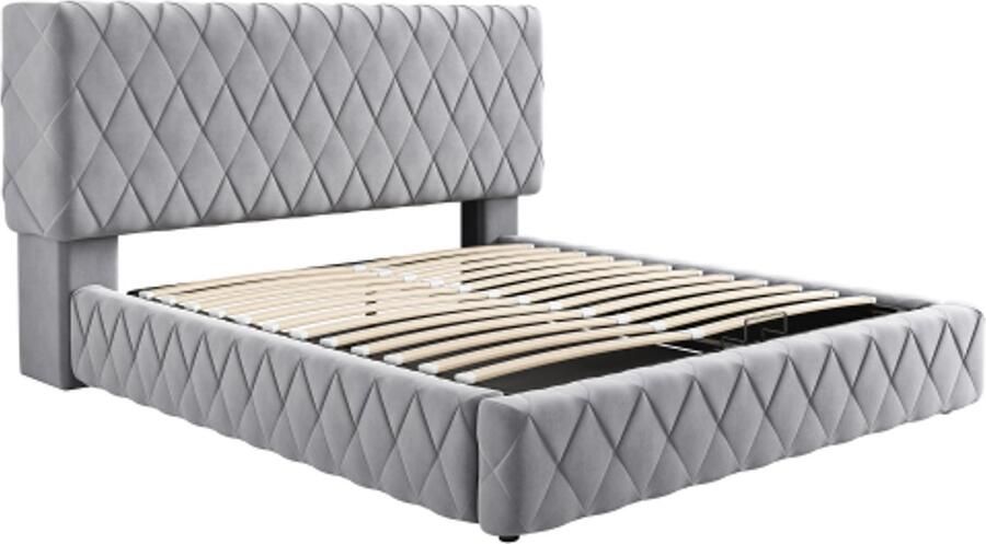 Tweepersoonsbed 160 x 200 cm gestoffeerd bed opbergbed functioneel bed hydraulisch bed met opbergruimte geweven structuur ondersteund door houten latten eenvoudig te monteren fluweel grijs