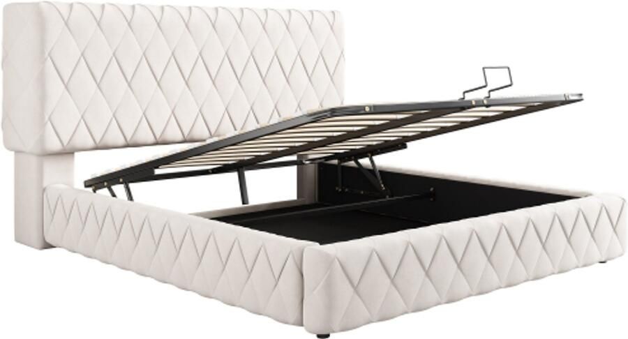 Tweepersoonsbed 160 x 200 cm gestoffeerd bed opbergbed functioneel bed hydraulisch bed met opbergruimte geweven structuur ondersteund door houten latten eenvoudig te monteren fluweel beige