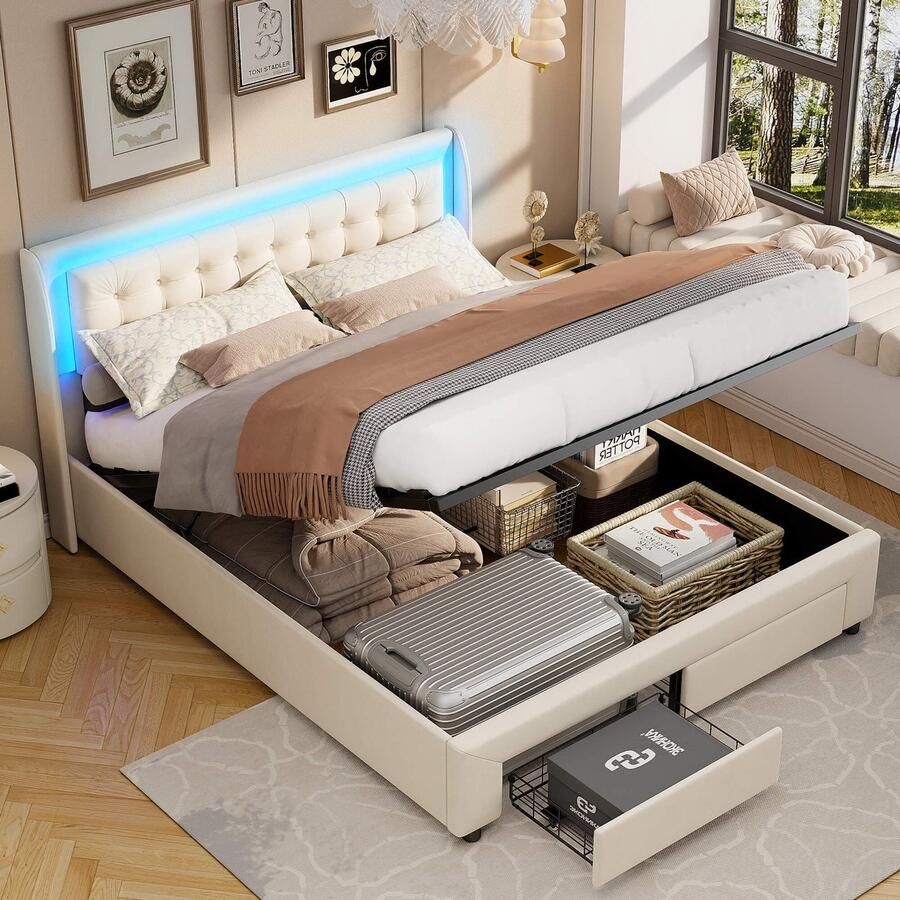 Tweepersoonsbed 160 x 200 cm Hydraulisch onderschuifbed met laden & LED-licht Fluwelen stof Opbergruimte