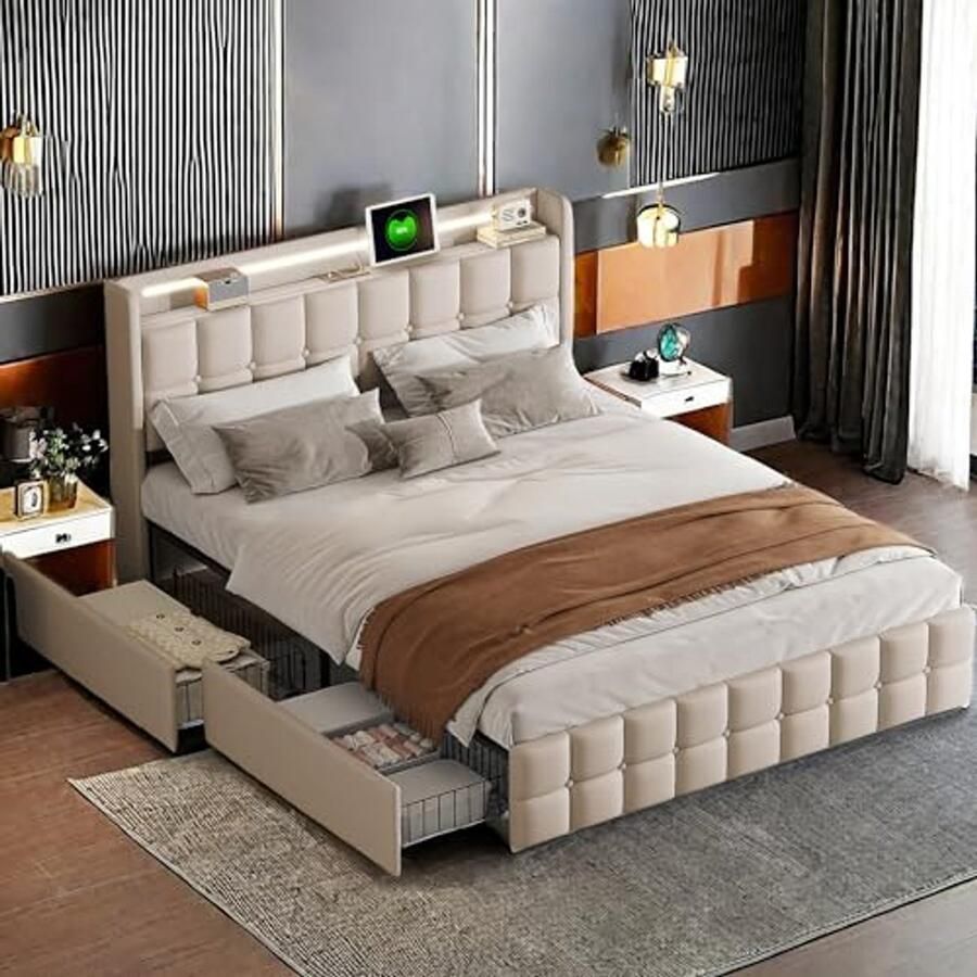Tweepersoonsbed 160 x 200 cm met hoofdeinde 4 lades LED verlichting en USB oplaadfunctie