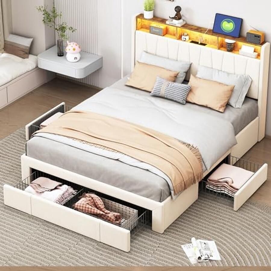 Tweepersoonsbed 160 x 200 cm met Lade en Ledverlichting Moderne Slaapkamer met USB-oplader en Opbergruimte