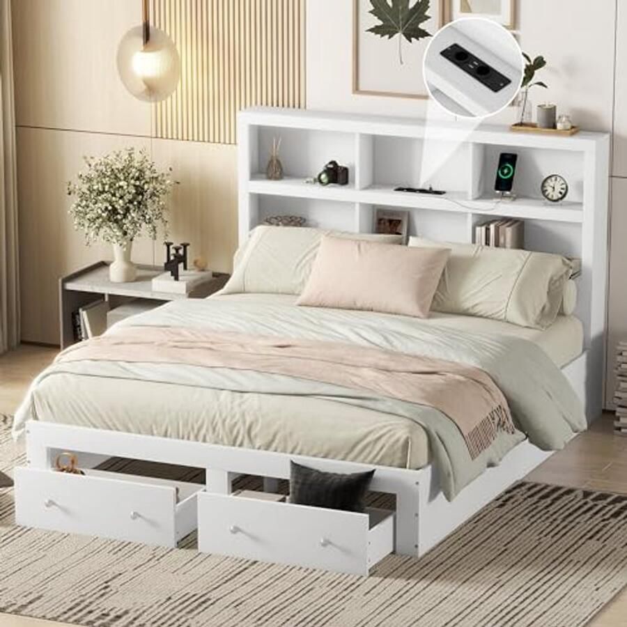 Tweepersoonsbed 160x200 cm Massief Hout met Opbergruimte en USB-oplaadpoort