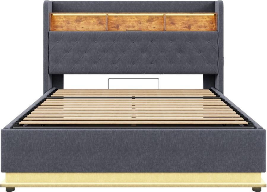 Tweepersoonsbed 160x200 Zonder Matras Polstebed Grijs Linnen Met LED Opbergruimte USB Oplaadpoort Hydraulische Opbergruimte Huidvriendelijk Geschikt Voor Slaapkamer En Volwassenen