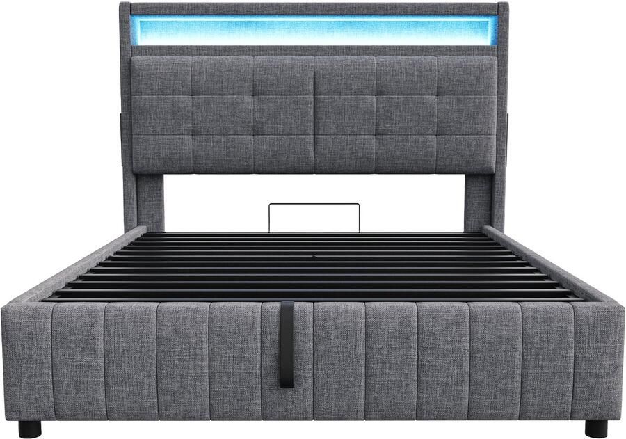Tweepersoonsbed 160x200 Zonder Matras Polstebed Grijs Linnen Met Led USB Hoofdeinde Met Opbergruimte Hydraulische Opbergruimte Lattenbodem Geschikt Voor Slaapkamer En Logeerkamer