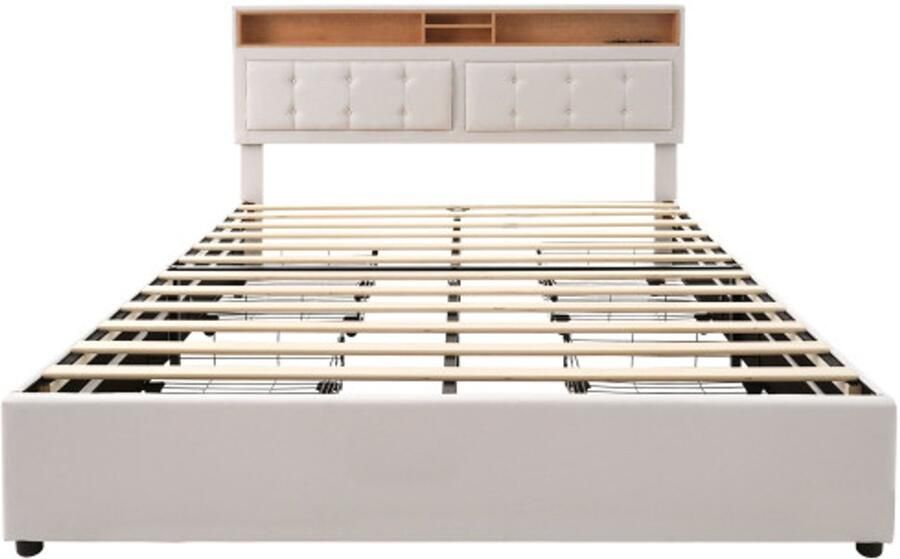 Tweepersoonsbed 160x200cm Polsterbed Zonder Matras Beige Linnen Met 4 Lades USB TYPE C Hoofdeinde Verstelbaar Houten Lattenbodem Modern Ontwerp Voor Slaapkamer