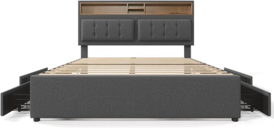Eepersoonsbed 140x200cm Polsterbed Zonder Matras Grijs Linnen Met 4 Lades USB TYPE C Hoofdeinde Verstelbaar Houten Lattenbodem Modern Ontwerp Voor Slaapkamer