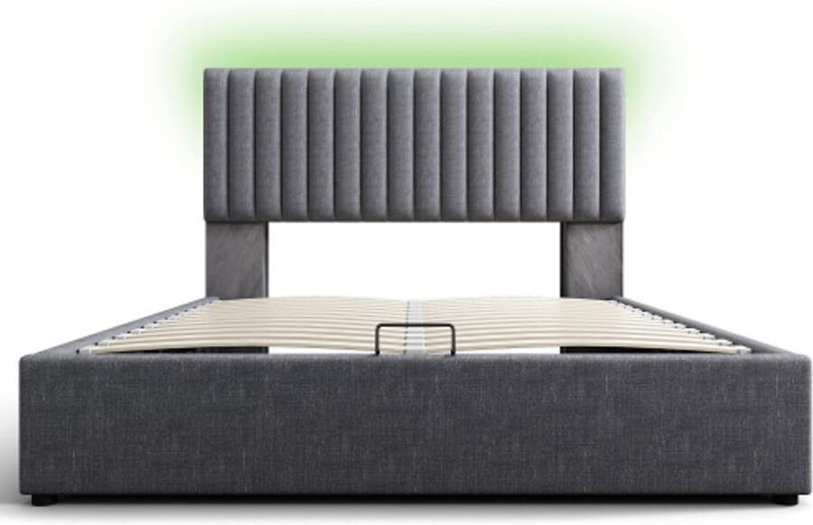Tweepersoonsbed 160x200cm Polsterbett Met Led App Control Usb Type C Oplaadfunctie Opbergruimte Verstelbaar Hoofdbord Houten Lattenbodem Grijs Zonder Matras Modern Design