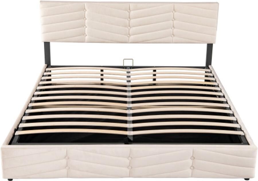 Tweepersoonsbed 160x200cm Zonder Matras Gestoffeerd Bed Beige Fluweel Hydraulisch Opbergbed In Strookstijl Met Verstelbaar Hoofdbord Geschikt Voor Slaapkamer En Logeerkamer