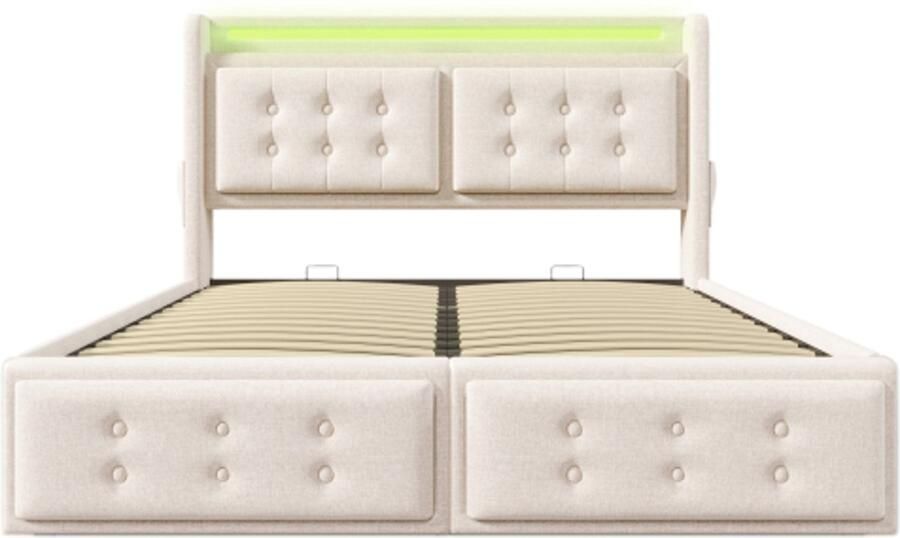 Tweepersoonsbed 160x200cm Zonder Matras Gestoffeerd Bed Beige Katoen Met Hoofdbord Met Led USB en Type C Oplaadfunctie Met Hydraulische Opbergruimte Houten Lattenbodem Met Metalen Frame Modern Slaapkamerontwerp Comfortabel Praktisch