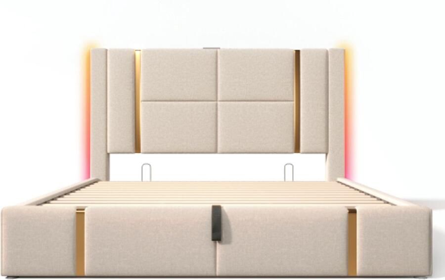 Eepersoonsbed 140x200cm Zonder Matras Gestoffeerd Bed Beige Linnen Met Houten Lattenbodem Hydraulische Opbergruimte LED Verlichting Met APP-control & USB Type-C Modern Design Comfortabel Hoofdbord Slaapkamer