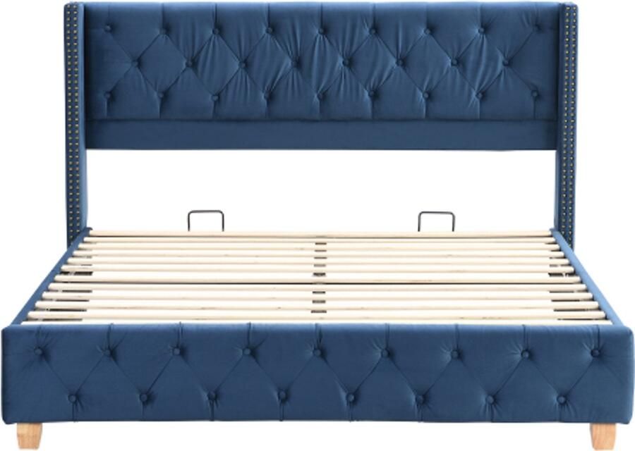Tweepersoonsbed 160x200cm Zonder Matras Gestoffeerd Bed Blauw Fluweel Met Knopen En Nieten Hoofdbord En Houten Poten Geschikt Voor Slaapkamer En Logeerkamer