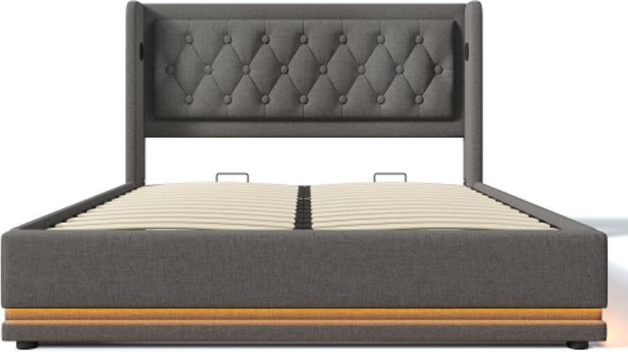 Tweepersoonsbed 160x200cm Zonder Matras Gestoffeerd Bed Grijs Comfortabel Katoen Met Hydraulische Opbergruimte Met USB En Type C Oplaadfunctie Hoofdbord Met 3 Zijdige LED Verlichting Jongeren Volwassenen Slaapkamer Modern Praktisch