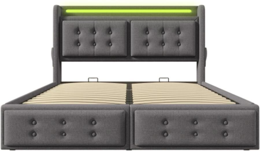Tweepersoonsbed 160x200cm Zonder Matras Gestoffeerd Bed Grijs Katoen Met Hoofdbord Met Led USB en Type C Oplaadfunctie Met Hydraulische Opbergruimte Houten Lattenbodem Met Metalen Frame Modern Slaapkamerontwerp Comfortabel Praktisch