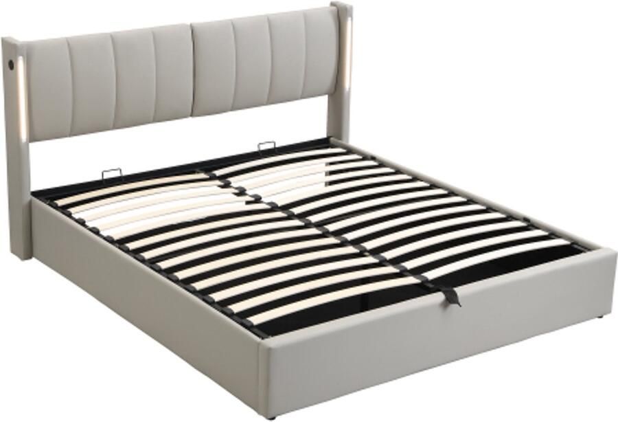 Eepersoonsbed 140x200cm Zonder Matras Gestoffeerd Bed Grijs PU Met Verstelbaar Hoofdeinde LED-Verlichting Oplaadbare USB-Aansluiting Met Opbergruimte Hydraulisch Bed