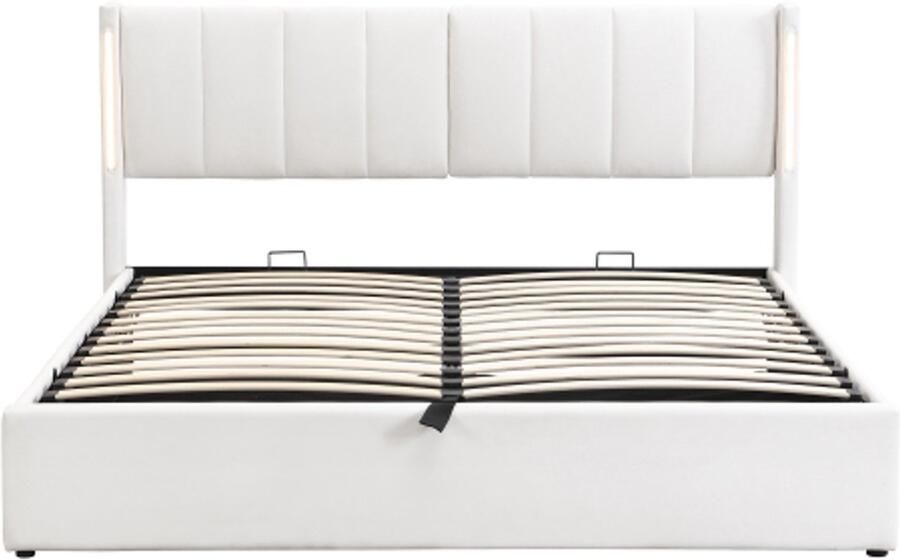 Gotagee Gestoffeerd bed 140 x 190 cm hydraulisch bed oplaadbare USB-poort in het bed met LED-verlichting met opbergruimte verstelbaar hoofdeinde PU wit
