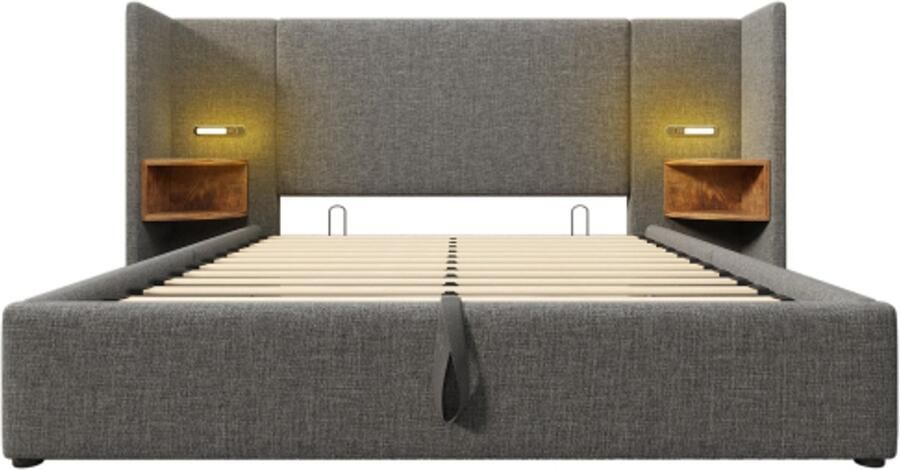Tweepersoonsbed 160x200cm Zonder Matras Grijs Linnen Met USB Type C Nachttafel Leeslamp Hydraulische Opbergruimte Massiefhout Metaal Lattenbodem
