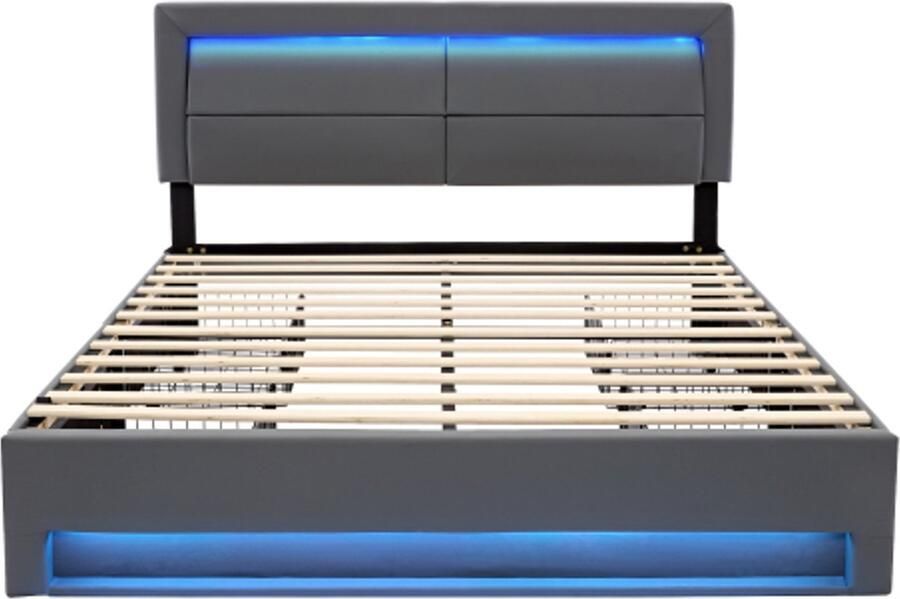 Eenpersoonsbed 140x190cm Zonder Matras Grijs PU Litchi Design Polsterbed Met USB Poort LED Verlichting En Vier Laden Opbergruimte Slaapkamer Jeugd Volwassenen