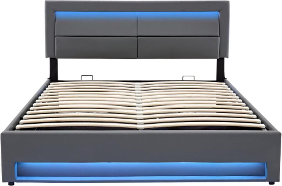 Eenpersoonsbed 140x190cm Zonder Matras Grijs PU Litchi Design Polsterbed Met USB Poort LED Verlichting En Opbergruimte Slaapkamer Jeugd Volwassenen