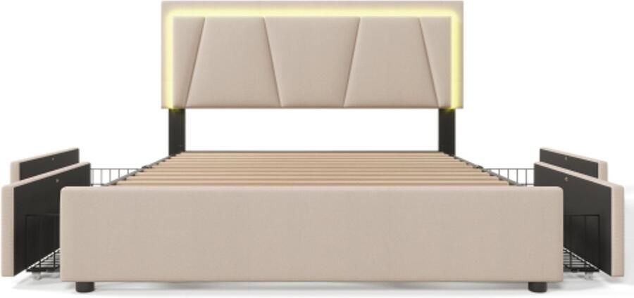 Eepersoonsbed 140x200cm Zonder Matras Polsterbed Beige Lattenbodem Hout Met LED Verlichting 4 Laden Verstelbaar Hoofdbord Opbergbed Modern Design Geschikt Voor Slaapkamer