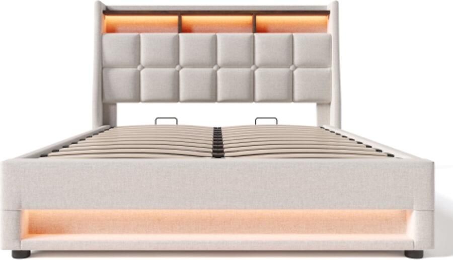 Eepersoonsbed 140x200cm Zonder Matras Polsterbed Beige Linnen LED Bed Met Metalen Lattenbodem Modern Ontwerp Voor Slaapkamer