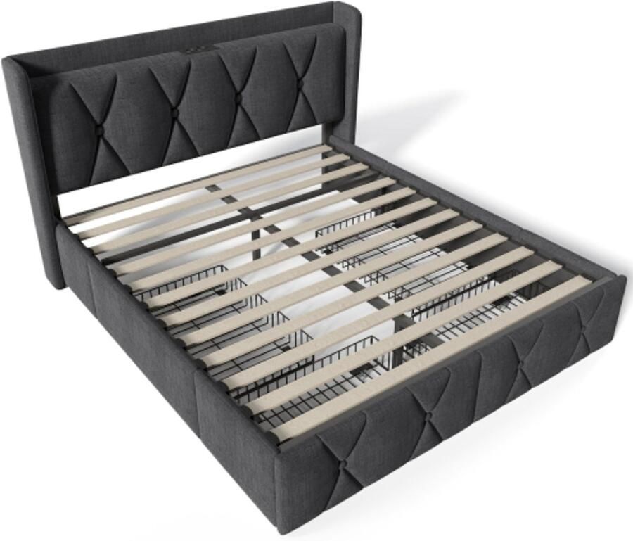 Eepersoonsbed 140x200cm Zonder Matras Polsterbed Grijs Linnen Met USB Ladefunctie Hoofdbord 4 Lade Stauraumbed Met Houten Lattenbodem Geschikt Voor Slaapkamer