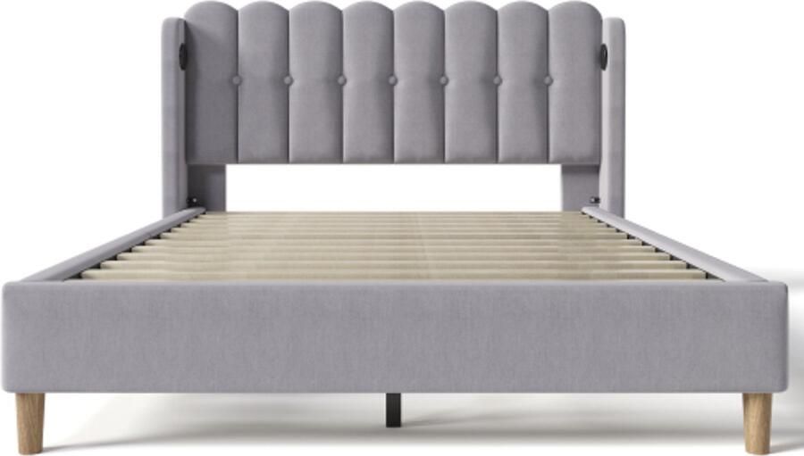 Eepersoonsbed 140x200cm Zonder Matras Polsterbed Grijs Linnen Met Usb Type C Lattenbodem Geschikt Voor Slaapkamer Gastenbed Modern Design