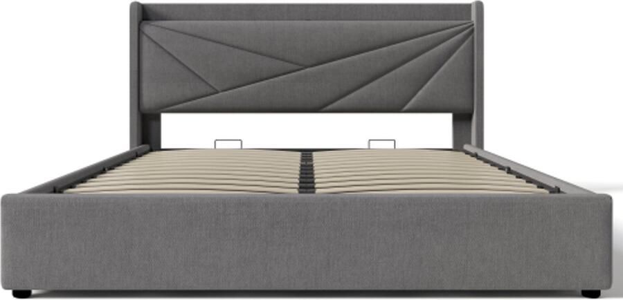 Eepersoonsbed 140x200cm Zonder Matras Polsterbed Grijs Linnen Opbergbed Hoofdbord Met USB Type C Lattenbodem Modern Design Geschikt Voor Slaapkamer