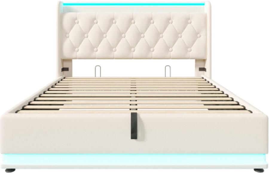 Eepersoonsbed 140x200cm Zonder Matras Polsterbed Hydraulisch Opbergbed Wit PU Gestoffeerd Hoofdbord Met USB Type C Oplaadfunctie 360 Surround LED Met Drukknop App En Afstandsbediening Modern Slaapkamer Bed Met Opbergruimte