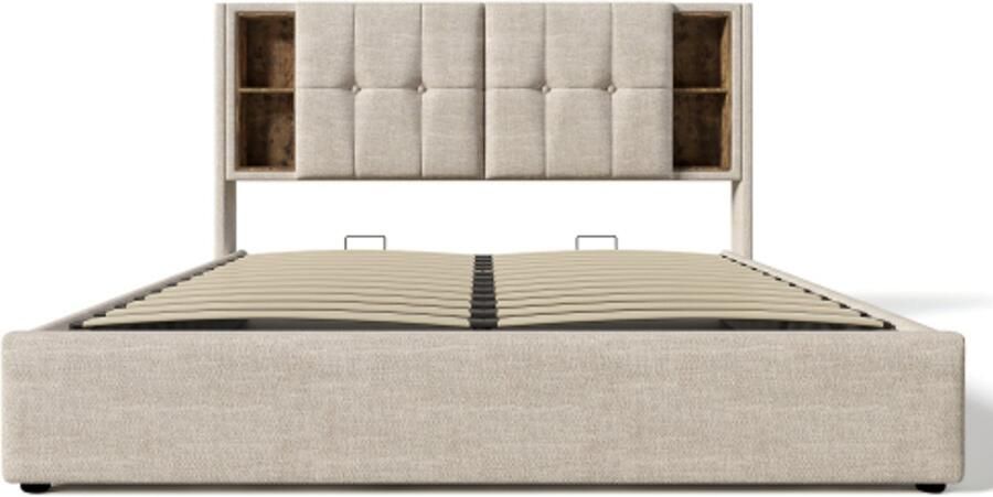 Eepersoonsbed 140x200cm Zonder Matras Polsterbed Natuur Linnen Met Lattenbodem Met Opbergruimte Met Opberg Hoofdbord Met Draadloos Opladen En USB Type C Modern Ontwerp Geschikt Voor Slaapkamer