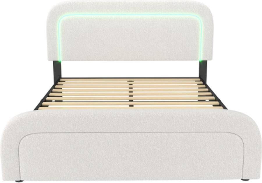 Eepersoonsbed 140x200cm Zonder Matras Polsterbed Sherpa Wit Met Lattenbodem Verstelbaar Hoofdeinde Met USB Type C Ladefunctie En LED-Verlichting Modern Design Geschikt Voor Slaapkamer Comfortabel En Praktisch