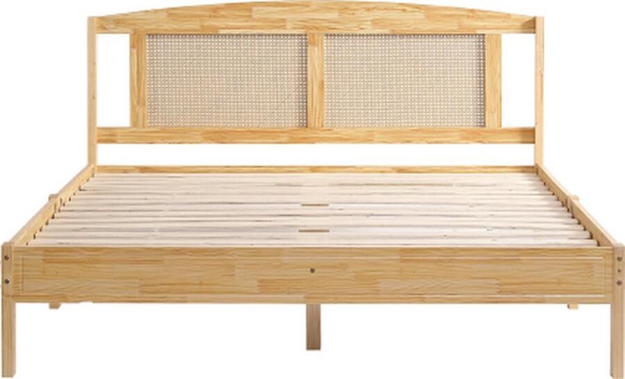 Zonder merk Gotagee Tweepersoonsbed 160x200cm zonder matras Rattenbed met 15 latten en middenpoot Grenenhout Rotan Natuurlijke kleur