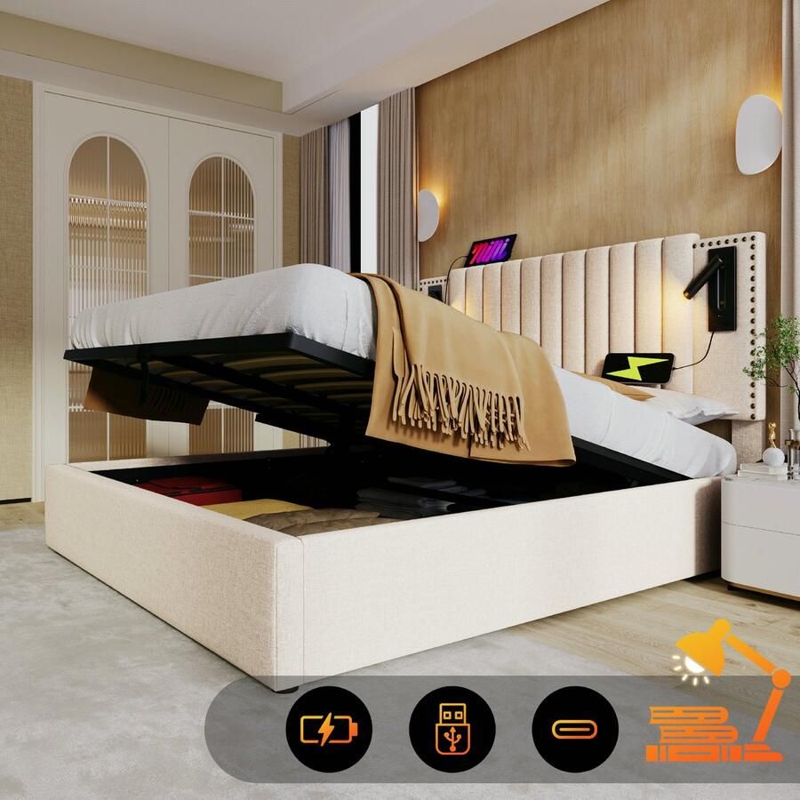 Tweepersoonsbed 180x200 cm bedframe met leeslamp bed met opbergruimte en USB-oplaadfunctie katoen beige(Matras niet inbegrepen)