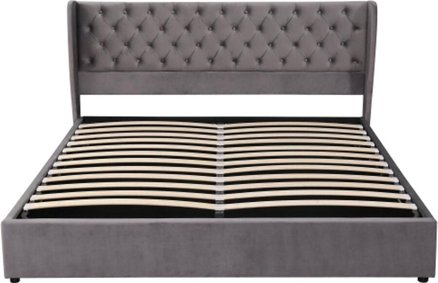 Tweepersoonsbed 180x200 cm Zonder Matras Polsterbed Grijs Fluweel Grote Knopnaden Hydraulisch Functiebed Met Lattenbodem En Opbergruimte Modern Design Geschikt Voor Slaapkamer En Logeerkamer