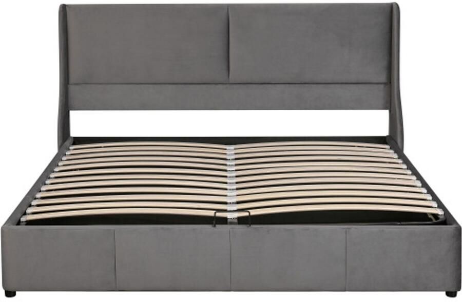 Tweepersoonsbed 180x200 cm Zonder Matras Polsterbed Grijs Fluweel Oorvorm Kussenhoofdbord Hydraulisch Functiebed Modern Design Geschikt Voor Slaapkamer En Logeerkamer