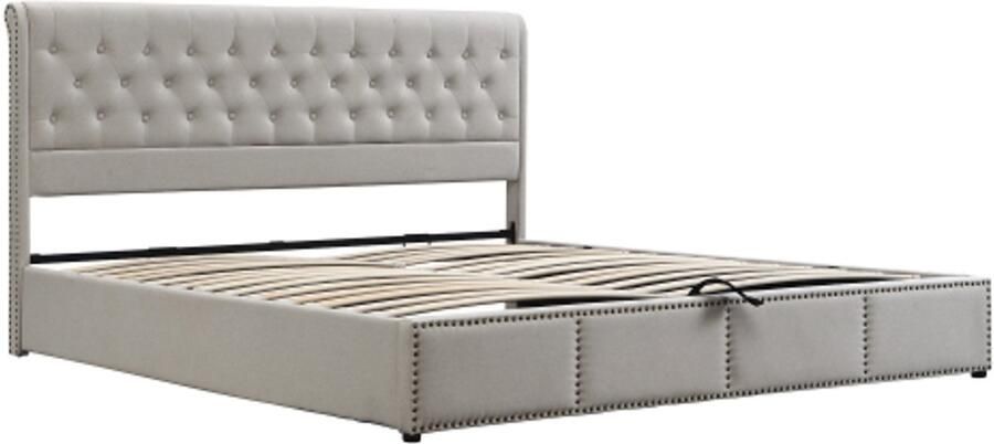 Tweepersoonsbed 180x200 cm Zonder Matras Polsterbed Grijs Katoen-Linnen Met Hydrauliek En Opbergruimte Met Nieten Modern Design Geschikt Voor Slaapkamer En Logeerkamer