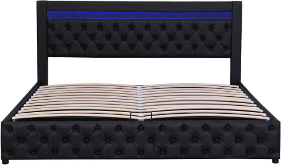 Tweepersoonsbed 180x200 cm Zonder Matras Polsterbed Zwart PU Met Lattenbodem En Opbergruimte LED Verlichting In Meerdere Kleuren Modern Design Geschikt Voor Slaapkamer En Logeerkamer