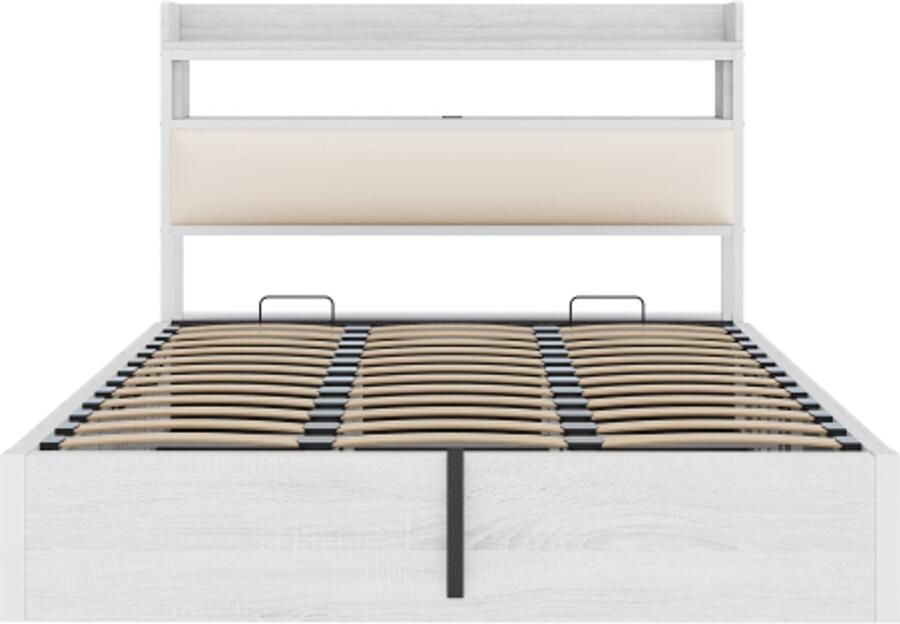 Tweepersoonsbed 180x200 cm Zonder Matras Wit MDF En Metaal Hydraulisch Met Opbergruimte Gepolsterd Hoofdbord USB Vintage Ontwerp Voor Slaapkamer En Gastenkamer