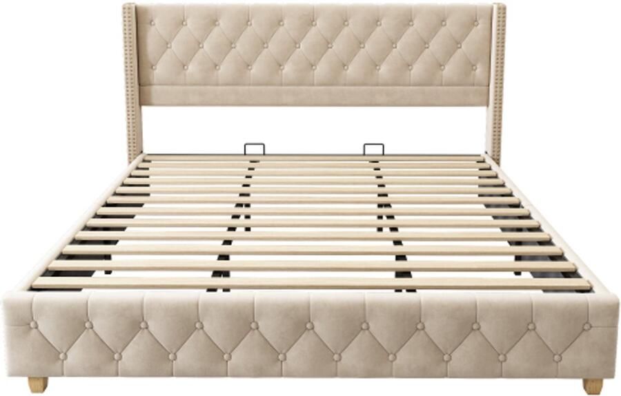 Tweepersoonsbed 180x200cm Zonder Matras Gestoffeerd Bed Beige Fluweel Houten Poten Met Hoofdsteun Knopbekleding Spijkerbeslag Met Opbergruimte Geschikt Voor Slaapkamer En Logeerkamer