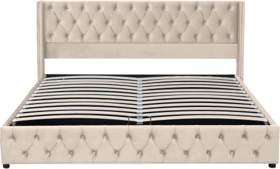 Tweepersoonsbed 180x200cm Zonder Matras Gestoffeerd Bed Beige Fluweel Oorvormig Hoofdeinde Dubbele Knopen Ruitenstik Hydraulisch Opbergbed Onderzijde Vuilafstotend Zwart Vlies Geschikt Voor Slaapkamer En Logeerkamer