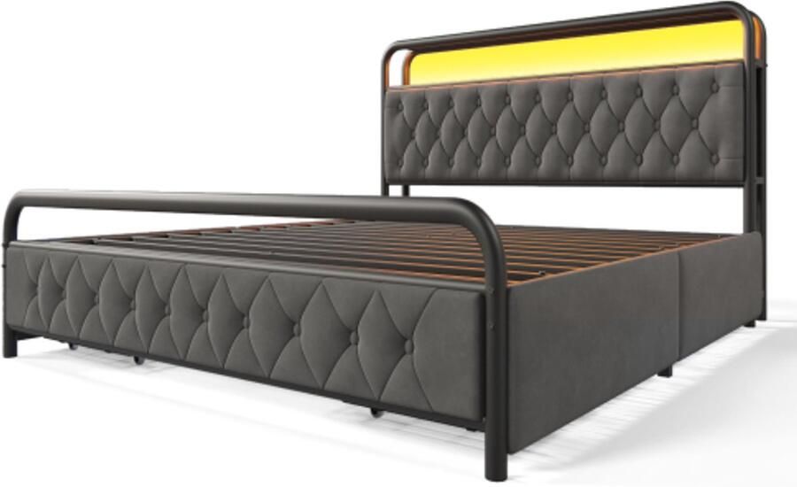Tweepersoonsbed 180x200cm Zonder Matras Gestoffeerd Bed Grijs Fluweel Met 4 Laden Metalen Bedframe LED-verlichting Met APP-control & USB Type-C Oplaadfunctie Modern Design Eenvoudig Bed Voor De Slaapkamer